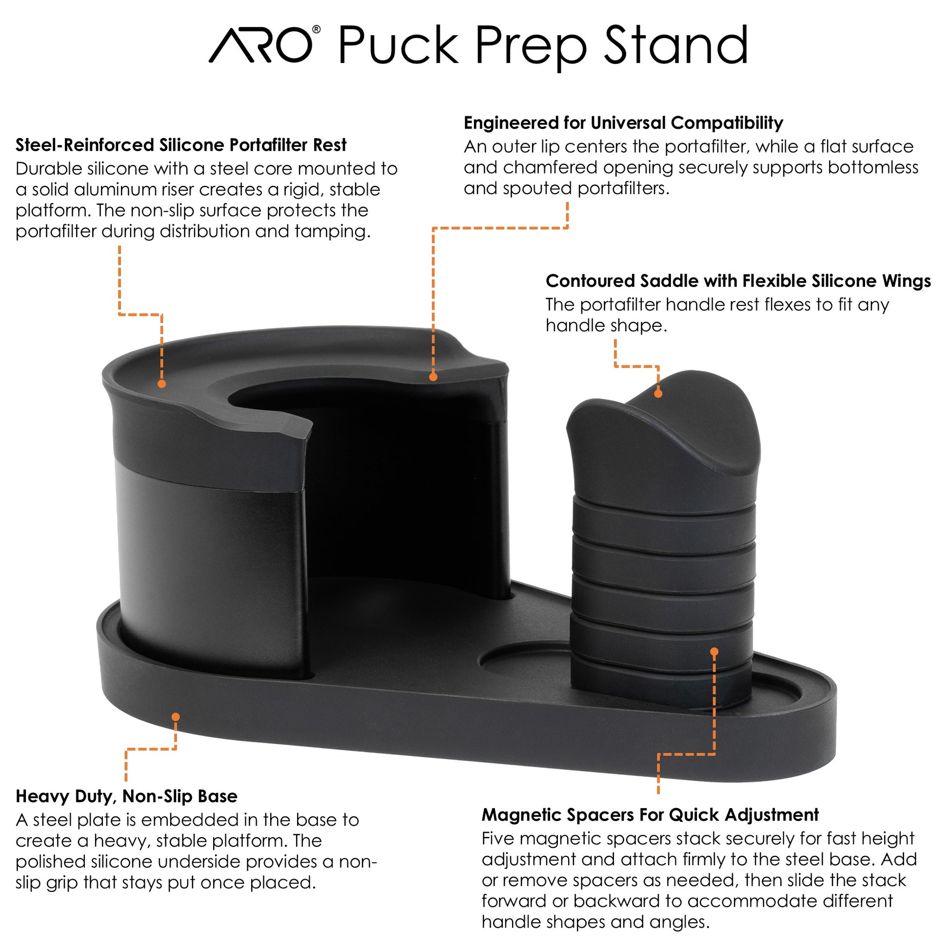 Annotated overview of the ARO Puck Prep Stand highlighting the steel-reinforced silicone portafilter rest, contoured handle saddle with flexible silicone wings, magnetic spacer system for quick adjustment, and heavy-duty non-slip base designed for universal portafilter compatibility.
