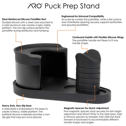 Annotated overview of the ARO Puck Prep Stand highlighting the steel-reinforced silicone portafilter rest, contoured handle saddle with flexible silicone wings, magnetic spacer system for quick adjustment, and heavy-duty non-slip base designed for universal portafilter compatibility.
