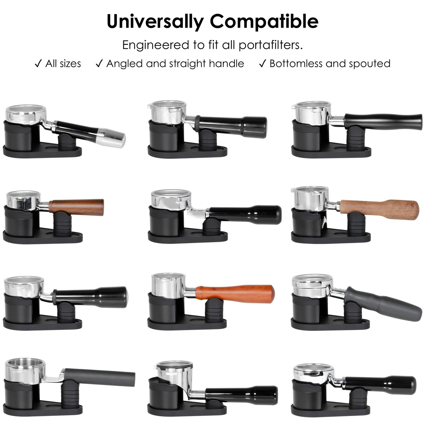 Compatibility collage showing the ARO Adjustable Puck Prep Stand supporting a wide range of espresso portafilters, including bottomless and spouted designs with straight and angled handles across different sizes and handle shapes.