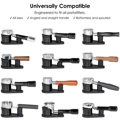 Compatibility collage showing the ARO Adjustable Puck Prep Stand supporting a wide range of espresso portafilters, including bottomless and spouted designs with straight and angled handles across different sizes and handle shapes.