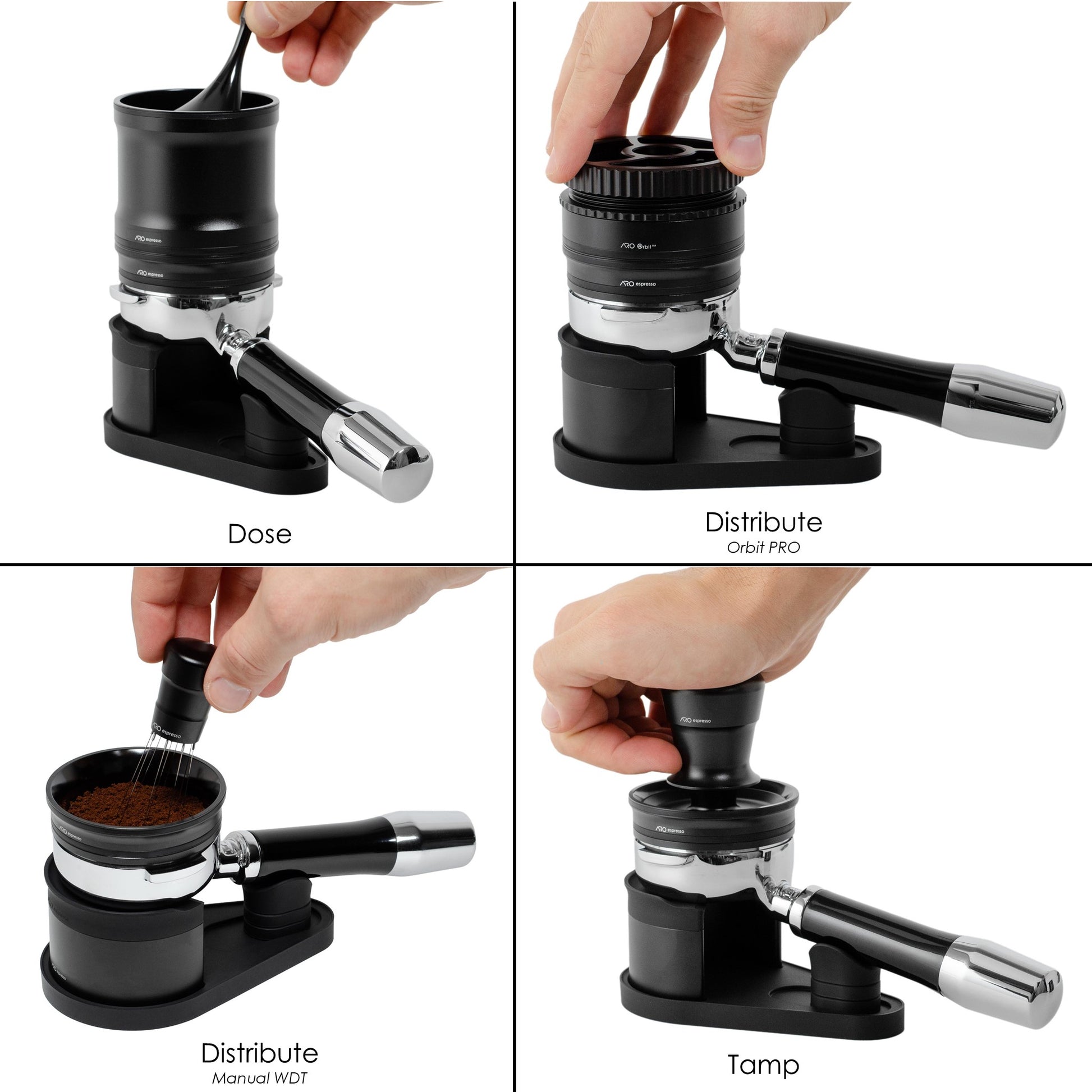 Four-step puck preparation workflow using the ARO Adjustable Puck Prep Stand, showing hands-free dosing, distribution with the Orbit PRO, manual WDT, and tamping with the portafilter fully supported and level throughout the process.