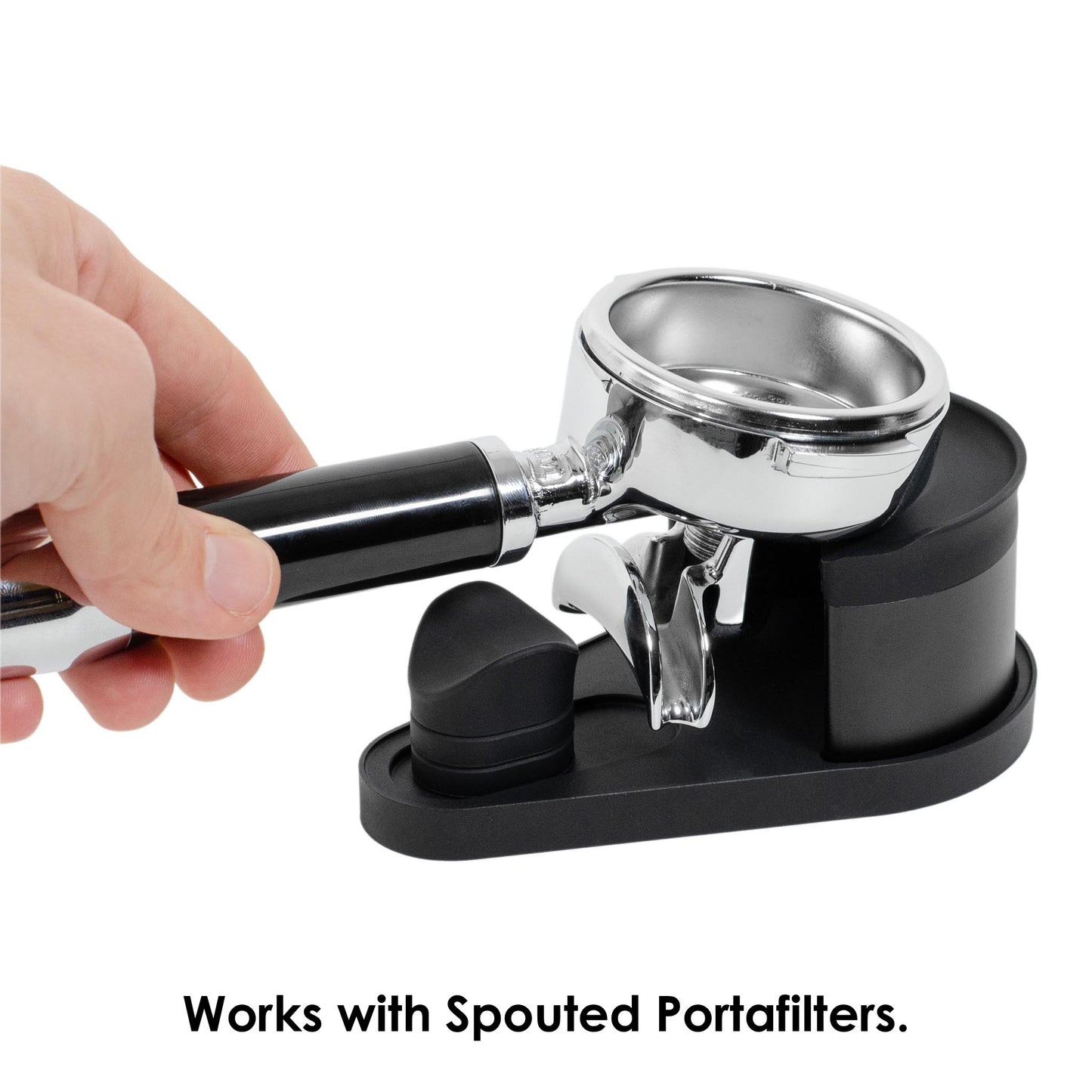 ARO Adjustable Puck Prep Stand supporting a spouted espresso portafilter, showing the chamfered portafilter rest providing clearance for spouts while keeping the basket stable and level during puck preparation.