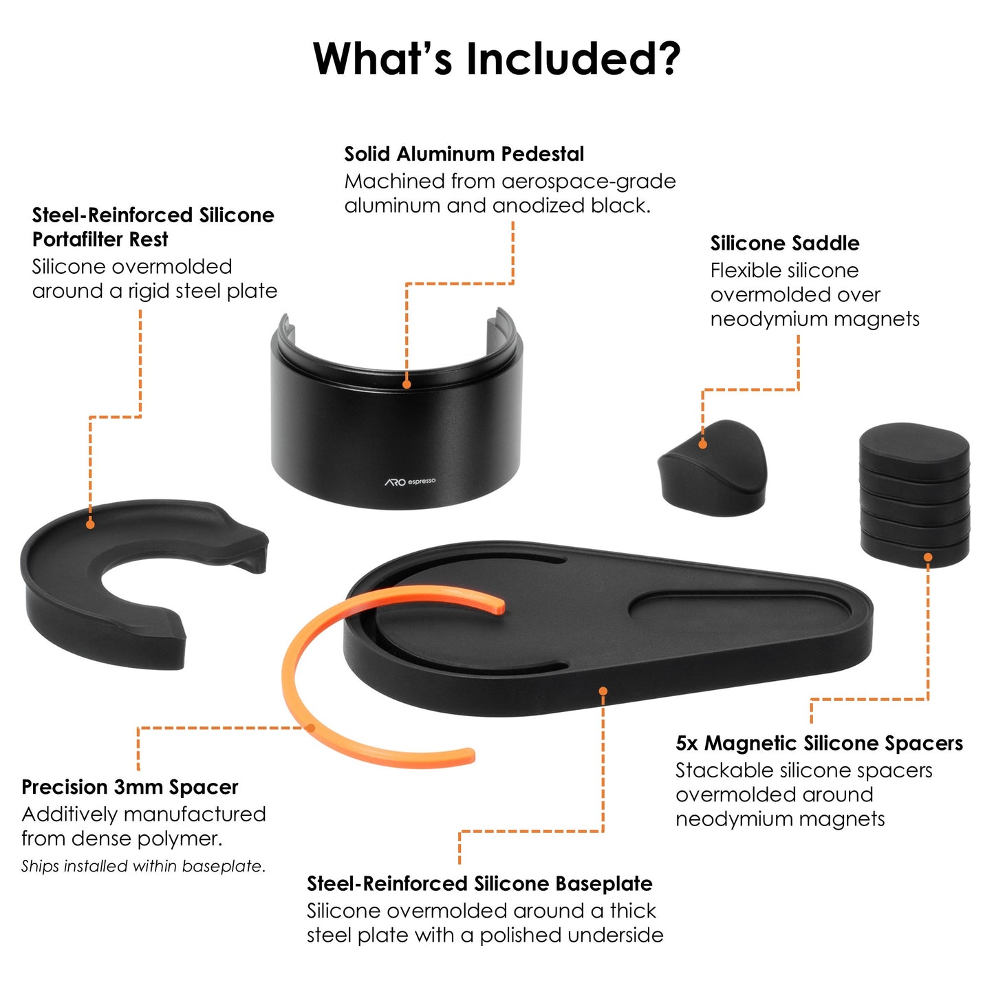 Exploded view of the ARO Adjustable Puck Prep Stand showing all included components: steel-reinforced silicone baseplate, aluminum pedestal, steel-reinforced silicone portafilter rest, precision 3 mm spacer, silicone handle saddle with embedded magnets, and five magnetic silicone spacers.