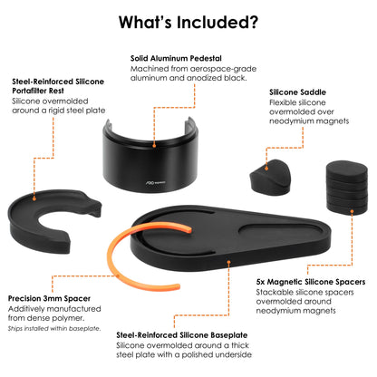 Exploded view of the ARO Adjustable Puck Prep Stand showing all included components: steel-reinforced silicone baseplate, aluminum pedestal, steel-reinforced silicone portafilter rest, precision 3 mm spacer, silicone handle saddle with embedded magnets, and five magnetic silicone spacers.
