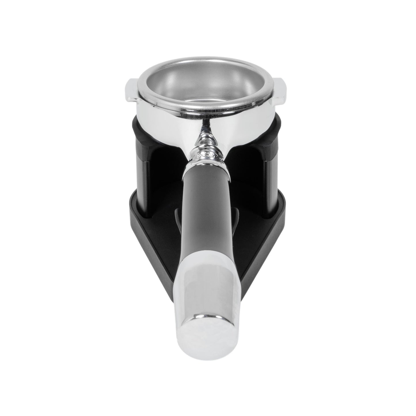 Rear view of a spouted espresso portafilter seated in the ARO Adjustable Puck Prep Stand, highlighting centered basket support and stable rear clearance.