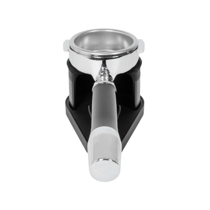 Rear view of a spouted espresso portafilter seated in the ARO Adjustable Puck Prep Stand, highlighting centered basket support and stable rear clearance.