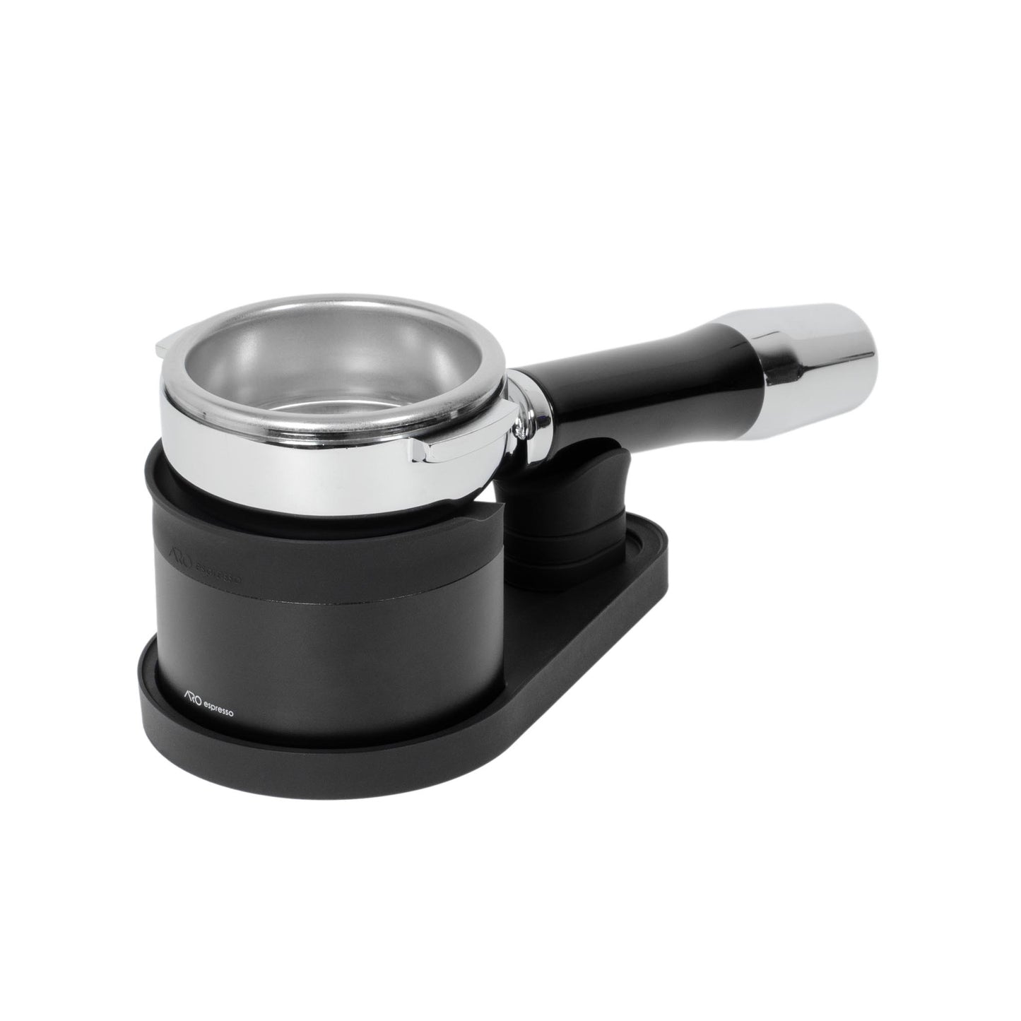 Front angled view of the ARO Adjustable Puck Prep Stand holding a spouted portafilter, demonstrating level basket support and adjustable handle positioning.