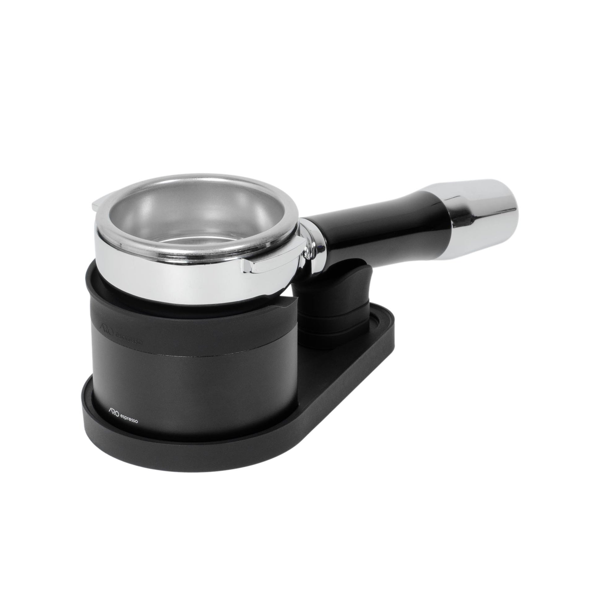 Front angled view of the ARO Adjustable Puck Prep Stand holding a spouted portafilter, demonstrating level basket support and adjustable handle positioning.