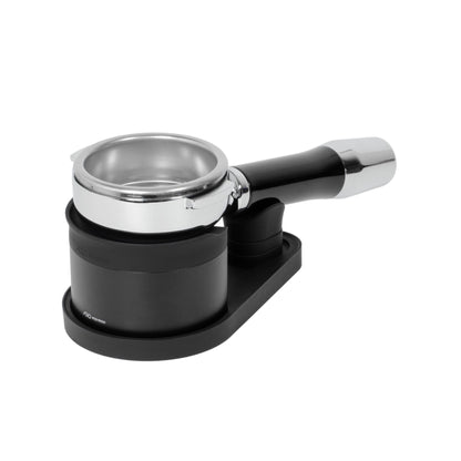 Front angled view of the ARO Adjustable Puck Prep Stand holding a spouted portafilter, demonstrating level basket support and adjustable handle positioning.