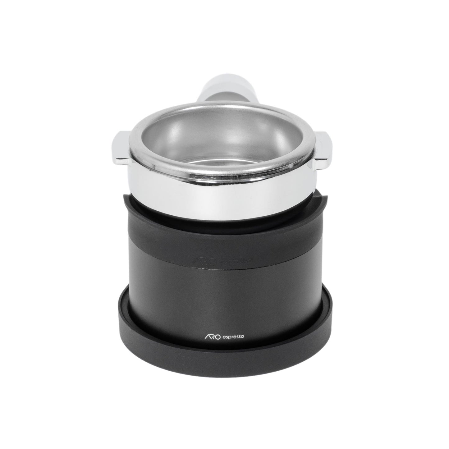 Front view of an espresso portafilter resting in the ARO Adjustable Puck Prep Stand, showing the contoured portafilter rest and stable, non-slip base.