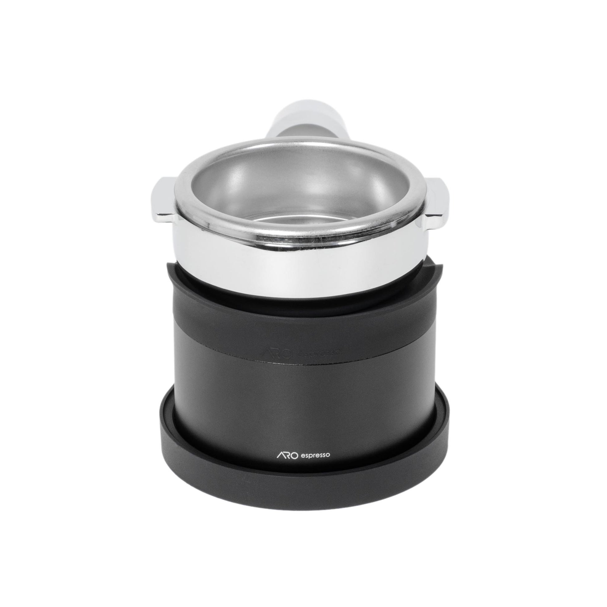 Front view of an espresso portafilter resting in the ARO Adjustable Puck Prep Stand, showing the contoured portafilter rest and stable, non-slip base.