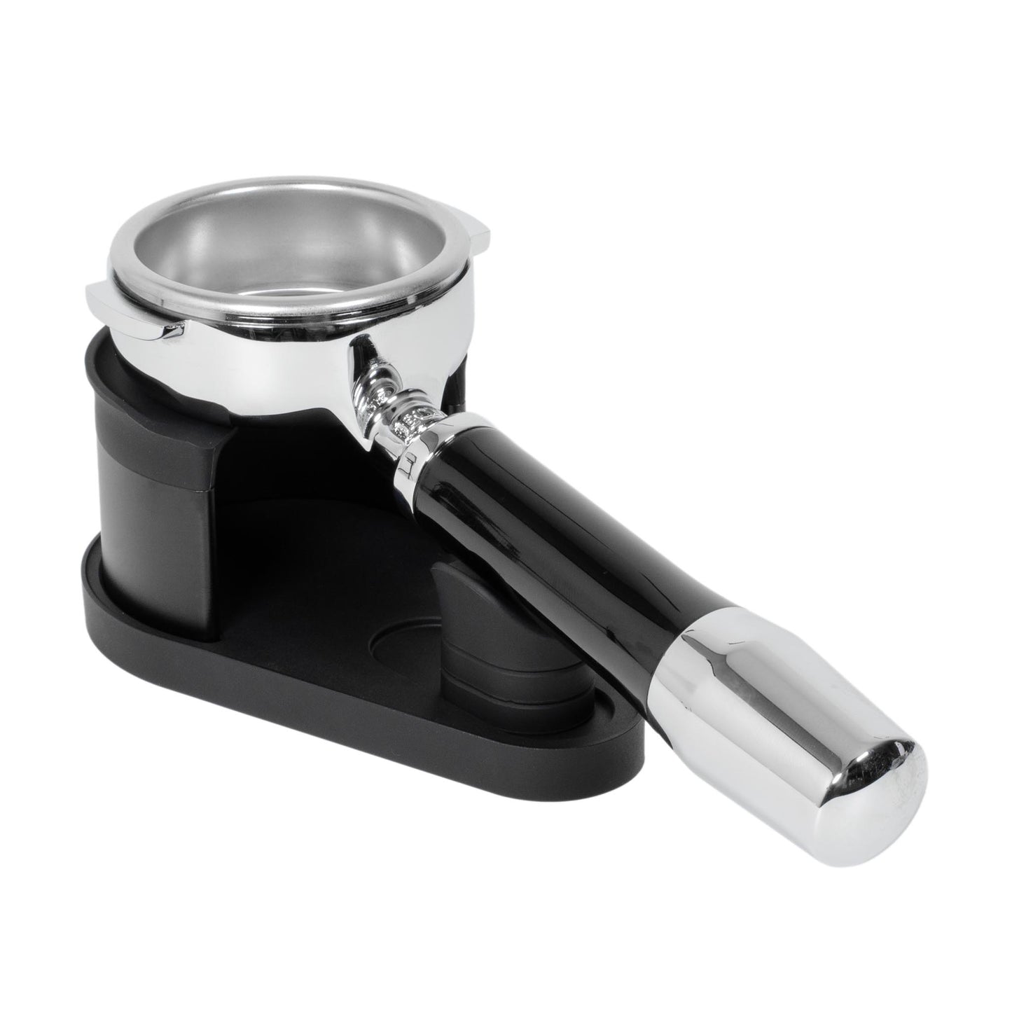 Side angled view of the ARO Adjustable Puck Prep Stand with a spouted portafilter installed, illustrating balanced support between the basket rest and magnetic handle saddle.