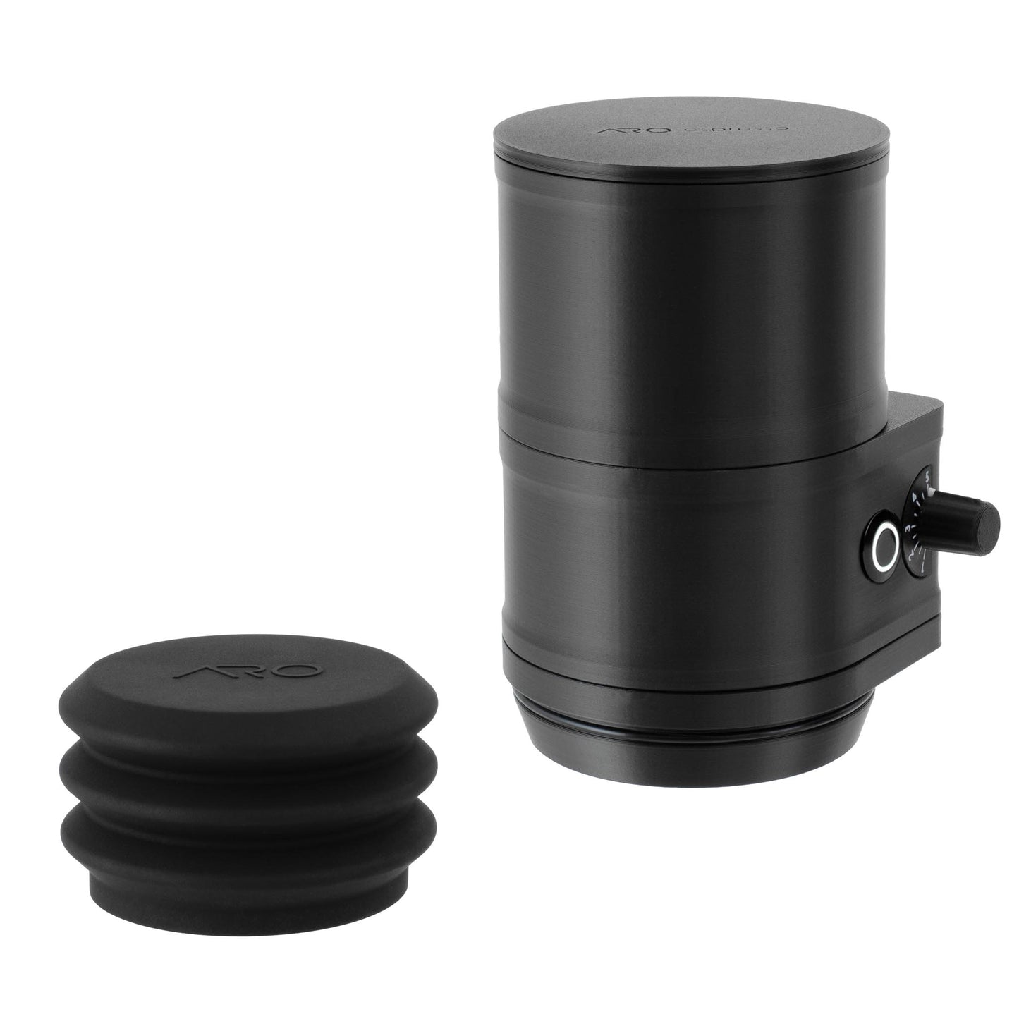 ARO Slow Feeder black PLA coffee bean feeder with assembled unit and included silicone bellows