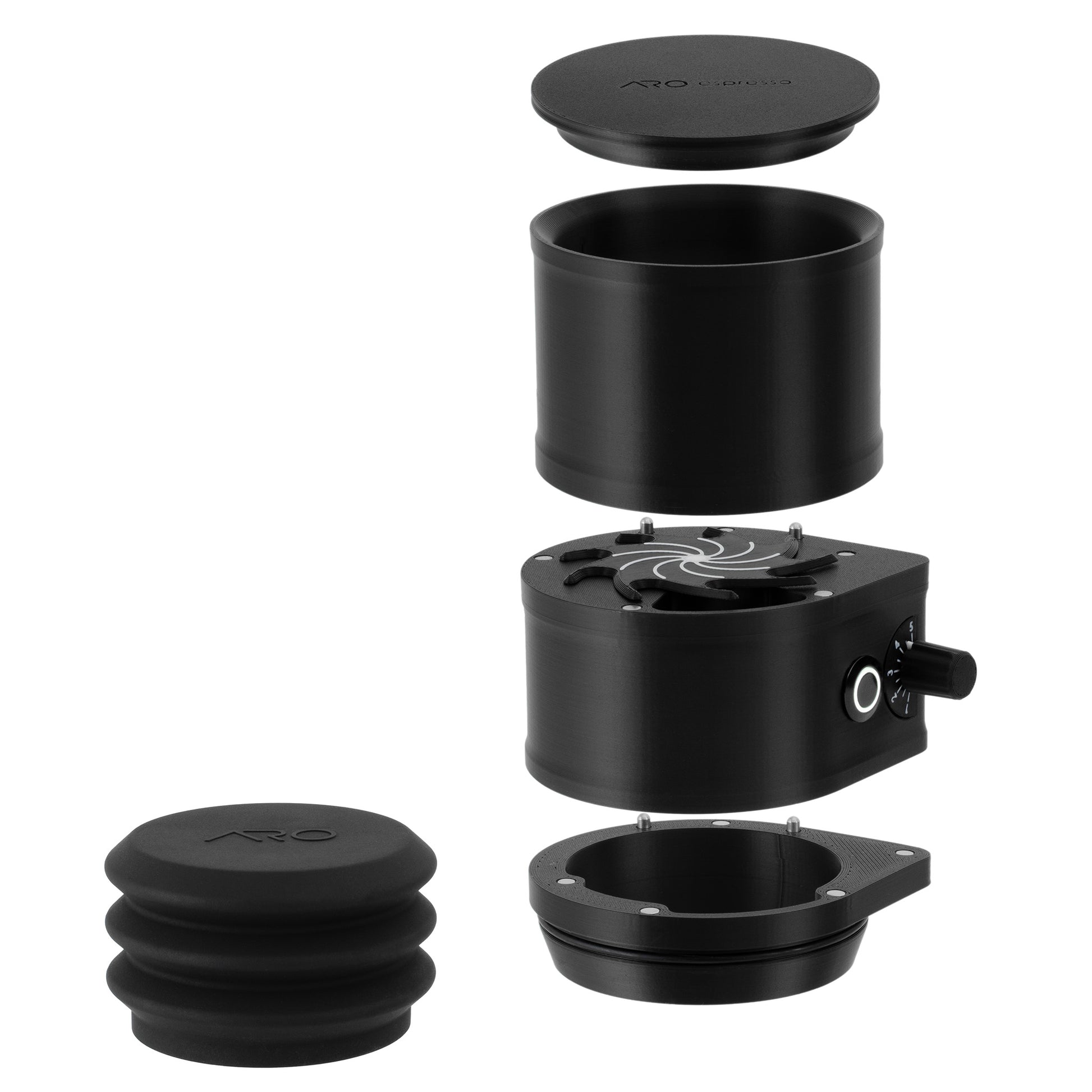 ARO Slow Feeder black PLA coffee bean feeder exploded view showing cap, hopper, feed mechanism, grinder adapter, and silicone bellows
