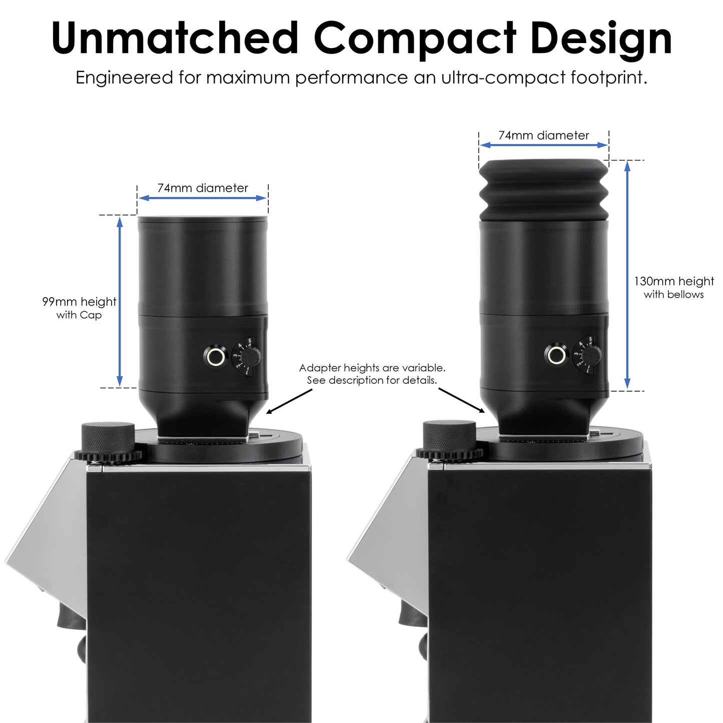ARO Slow Feeder black PLA coffee bean feeder showing compact 74 mm diameter design with cap and silicone bellows