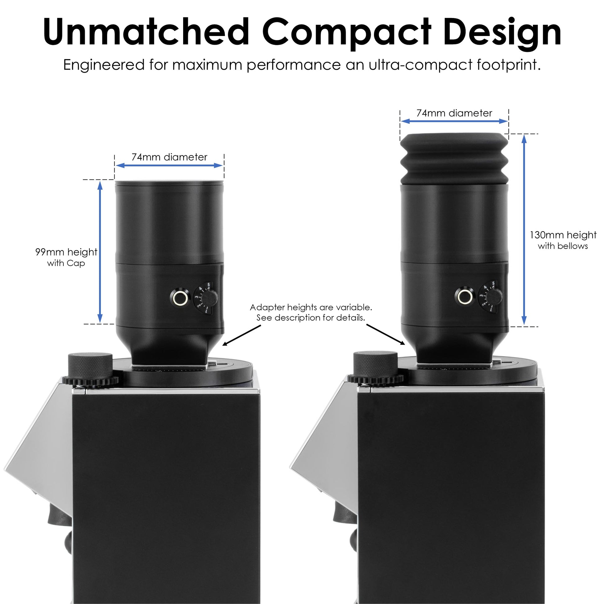 ARO Slow Feeder black PLA coffee bean feeder showing compact 74 mm diameter design with cap and silicone bellows