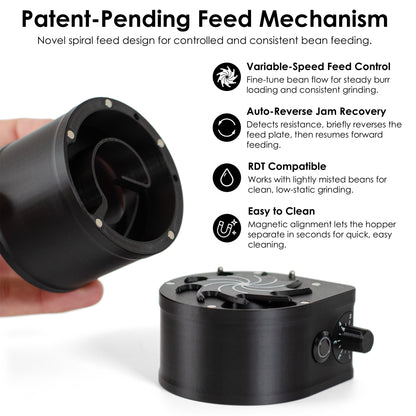 ARO Slow Feeder black PLA coffee bean feeder with hopper removed to show the patent-pending spiral feed mechanism