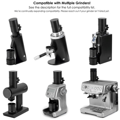 Collage showing the ARO Slow Feeder installed on six different coffee grinders, demonstrating its compatibility with multiple grinder brands and models.