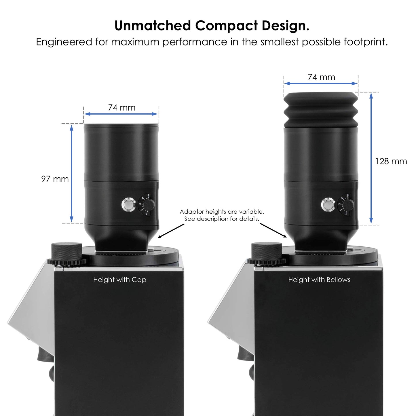 Side-by-side image showing the compact design of the ARO Slow Feeder on a grinder, with dimensions labeled. 97 mm height with cap, 128 mm with silicone bellows, and 74 mm diameter.