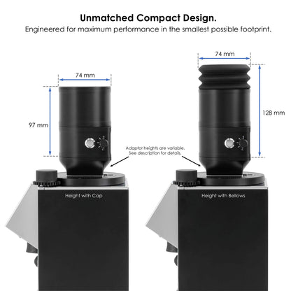Side-by-side image showing the compact design of the ARO Slow Feeder on a grinder, with dimensions labeled. 97 mm height with cap, 128 mm with silicone bellows, and 74 mm diameter.