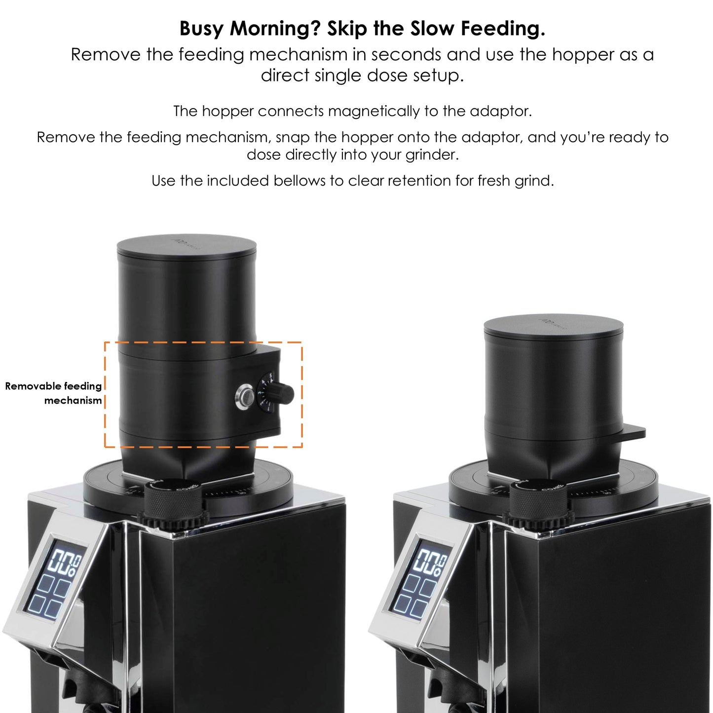 Two grinders shown side by side. One with the full Slow Feeder attached, and one with only the hopper highlighting how the feeding mechanism can be removed for direct single-dosing.