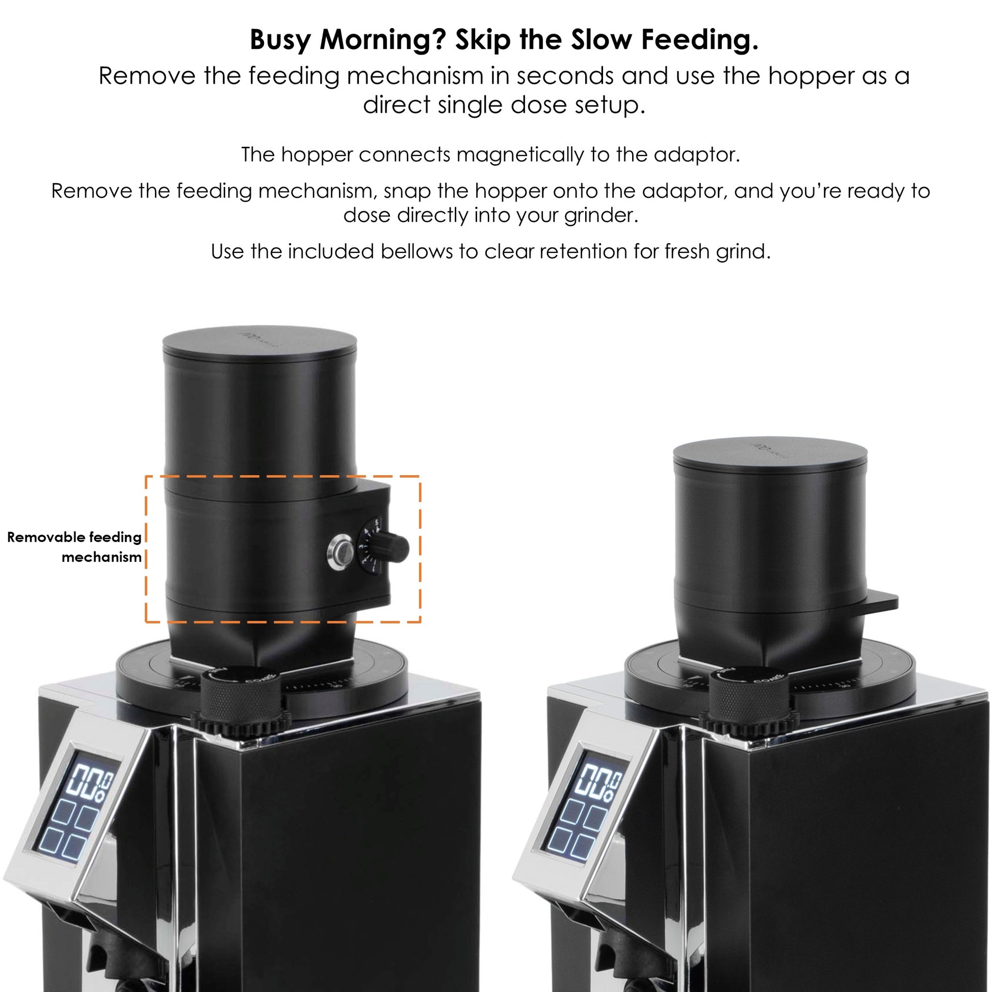 Two grinders shown side by side. One with the full Slow Feeder attached, and one with only the hopper highlighting how the feeding mechanism can be removed for direct single-dosing.