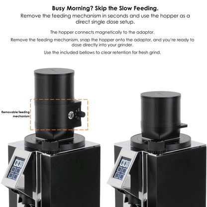 Two grinders shown side by side. One with the full Slow Feeder attached, and one with only the hopper highlighting how the feeding mechanism can be removed for direct single-dosing.