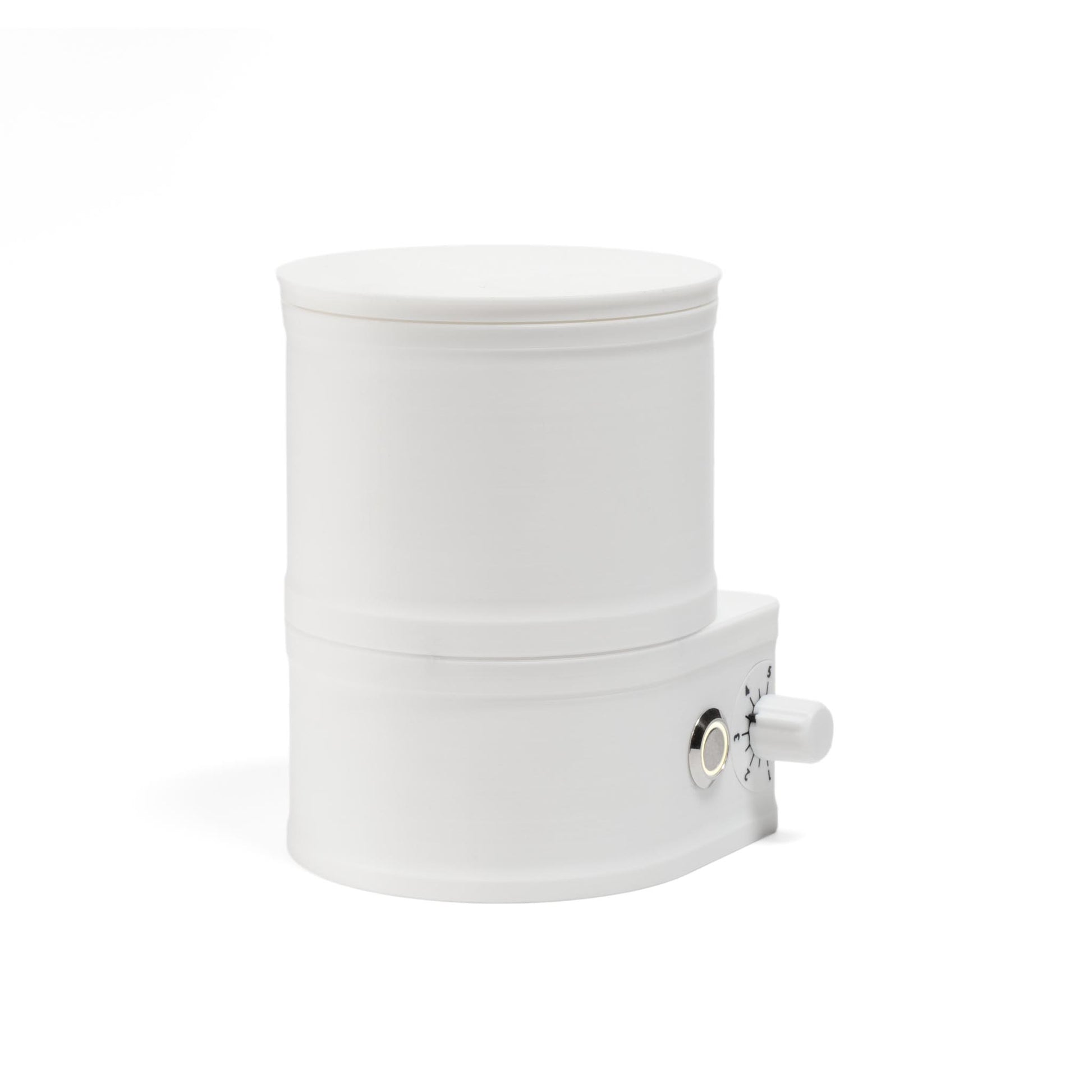 ARO Slow Feeder white PLA coffee bean feeder front view with LED power button and variable-speed control knob