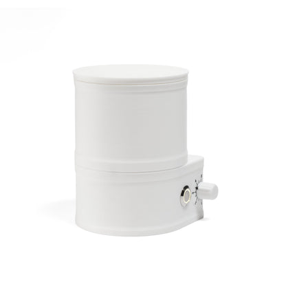 ARO Slow Feeder white PLA coffee bean feeder front view with LED power button and variable-speed control knob