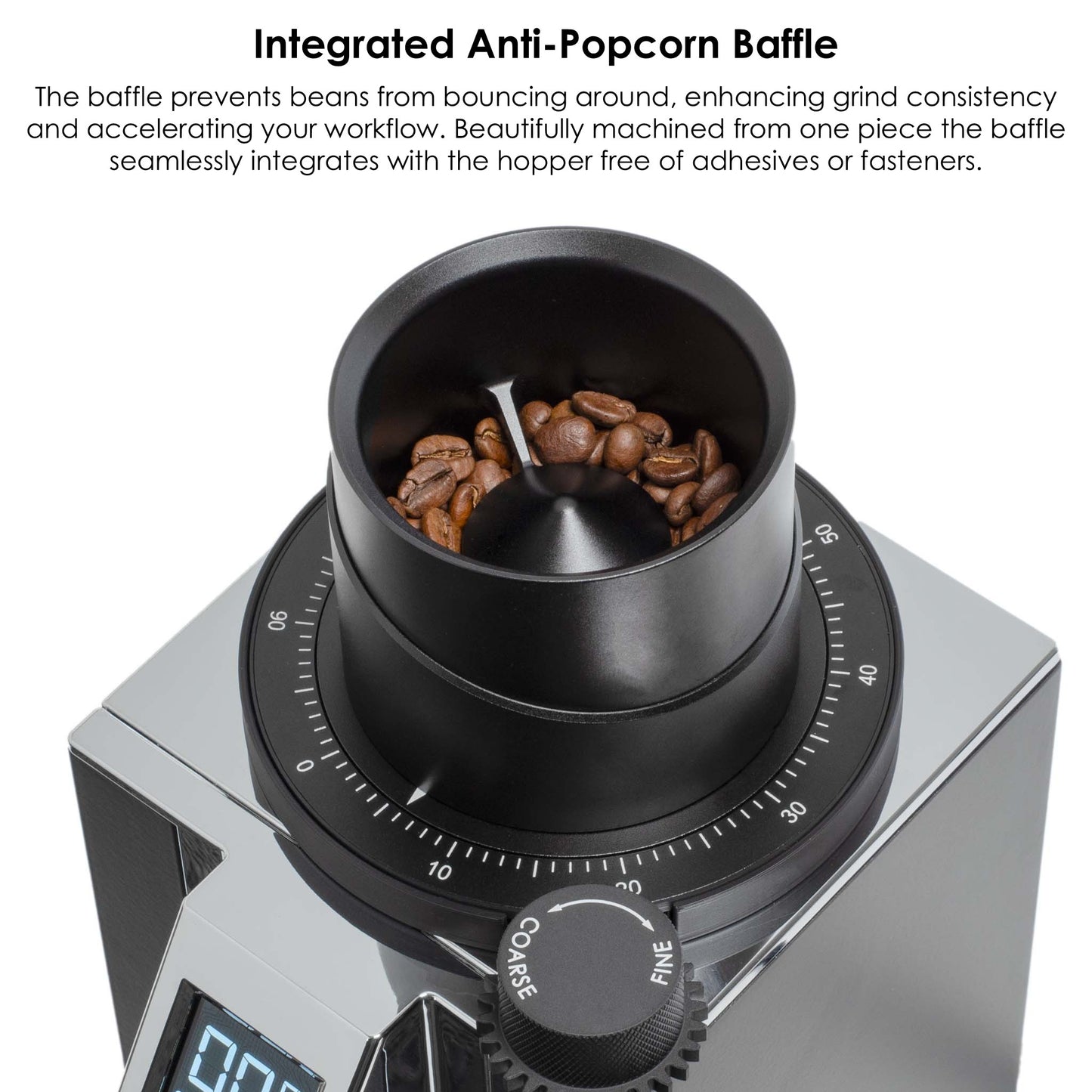 Close-up of the ARO Espresso Aluminum Single Dose Hopper's integrated anti-popcorn baffle filled with coffee beans, designed to improve grind consistency and reduce retention.