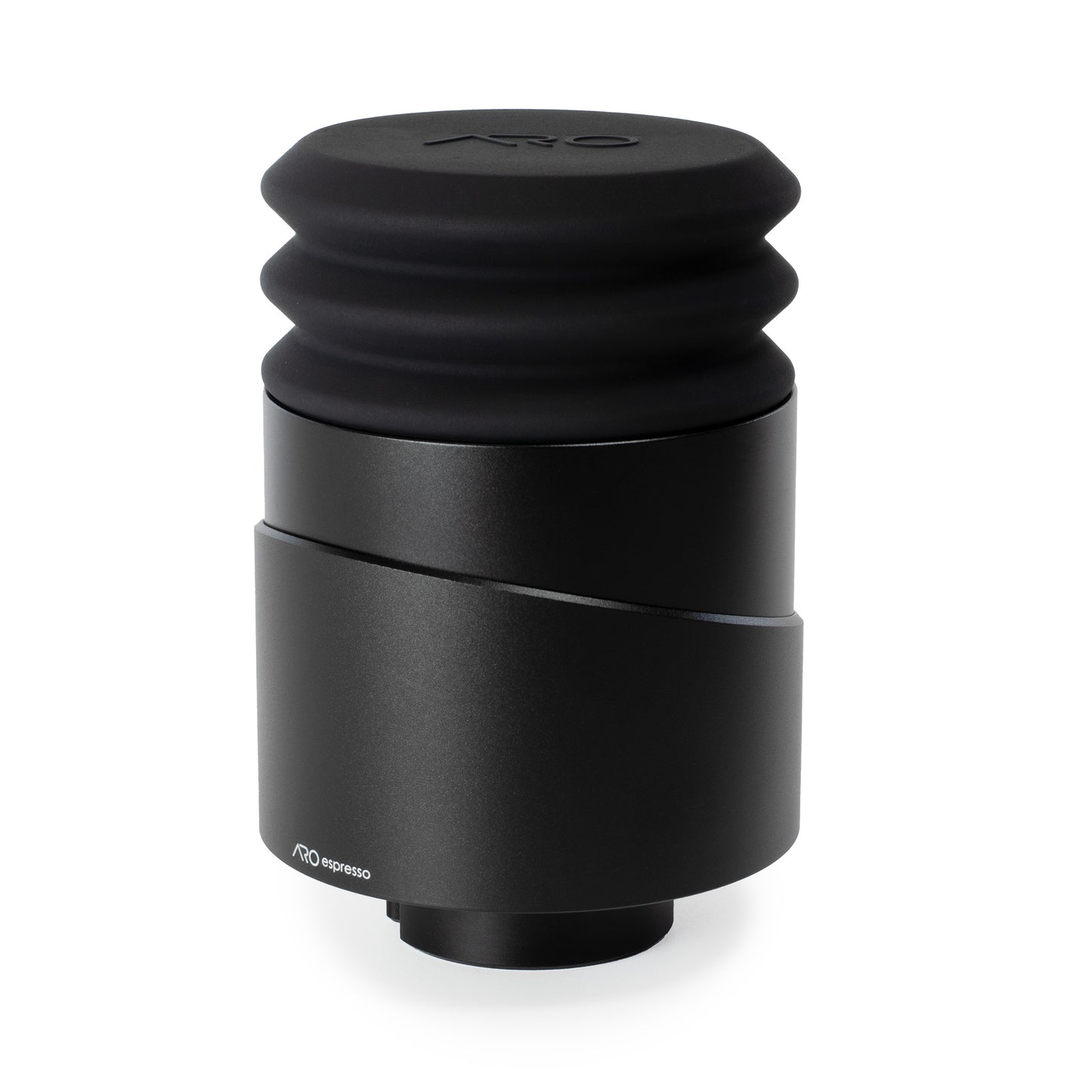 Front view of the ARO Espresso Aluminum Single Dose Hopper, highlighting its sleek black anodized aluminum finish and compact size for single-dosing.