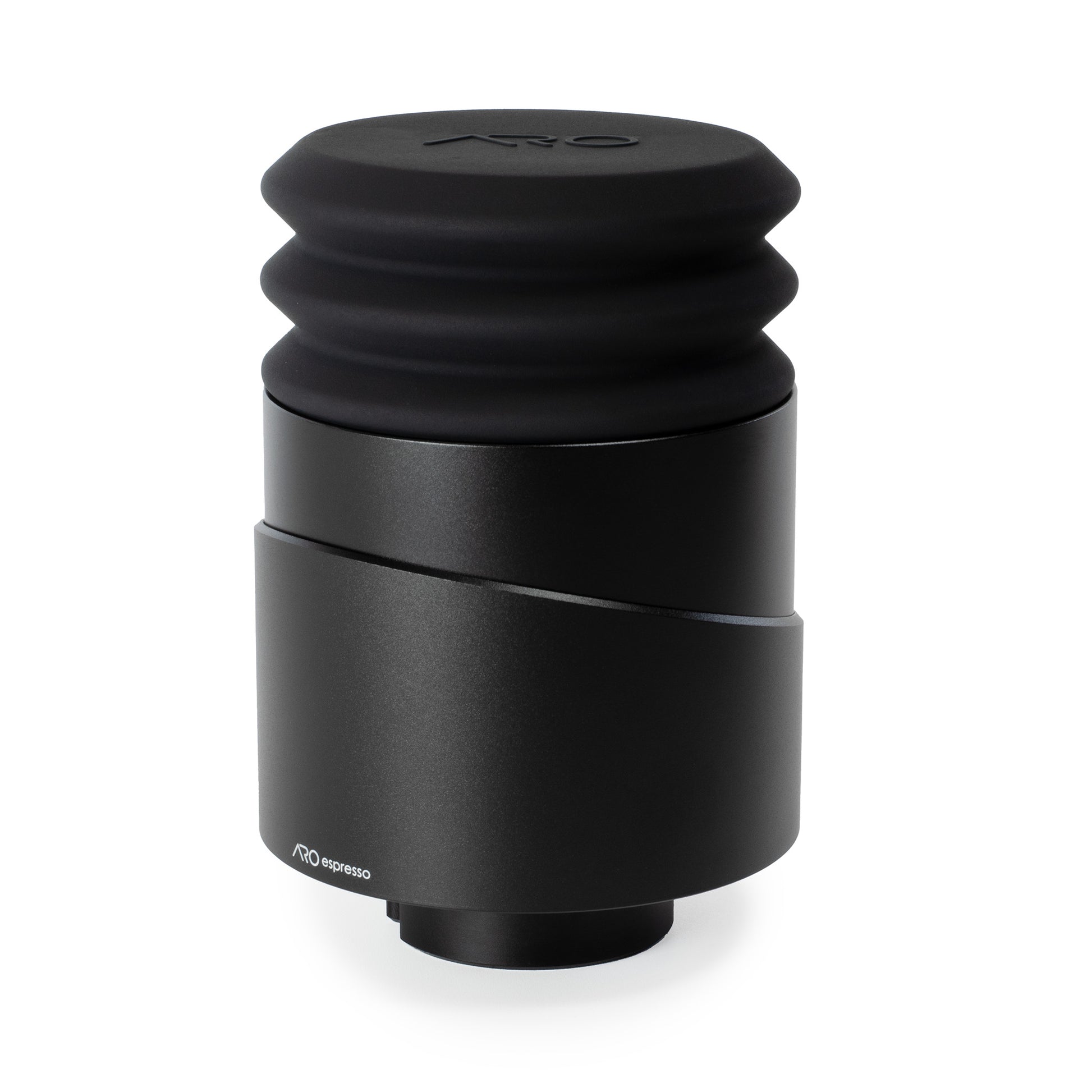 Front view of the ARO Espresso Aluminum Single Dose Hopper, highlighting its sleek black anodized aluminum finish and compact size for single-dosing.