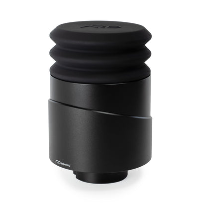 Front view of the ARO Espresso Aluminum Single Dose Hopper, highlighting its sleek black anodized aluminum finish and compact size for single-dosing.
