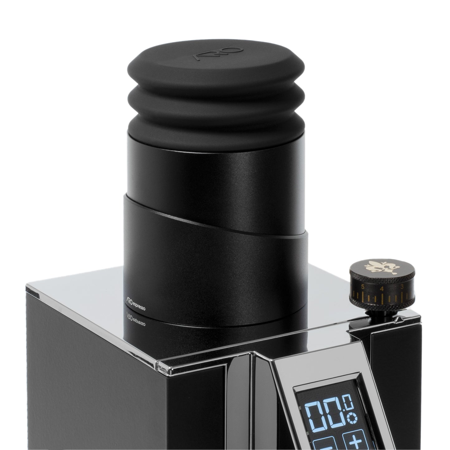 Close-up of the ARO Espresso Aluminum Single Dose Hopper installed on a Eureka Mignon grinder, showcasing the seamless design and bellows attachment for single-dose coffee grinding.