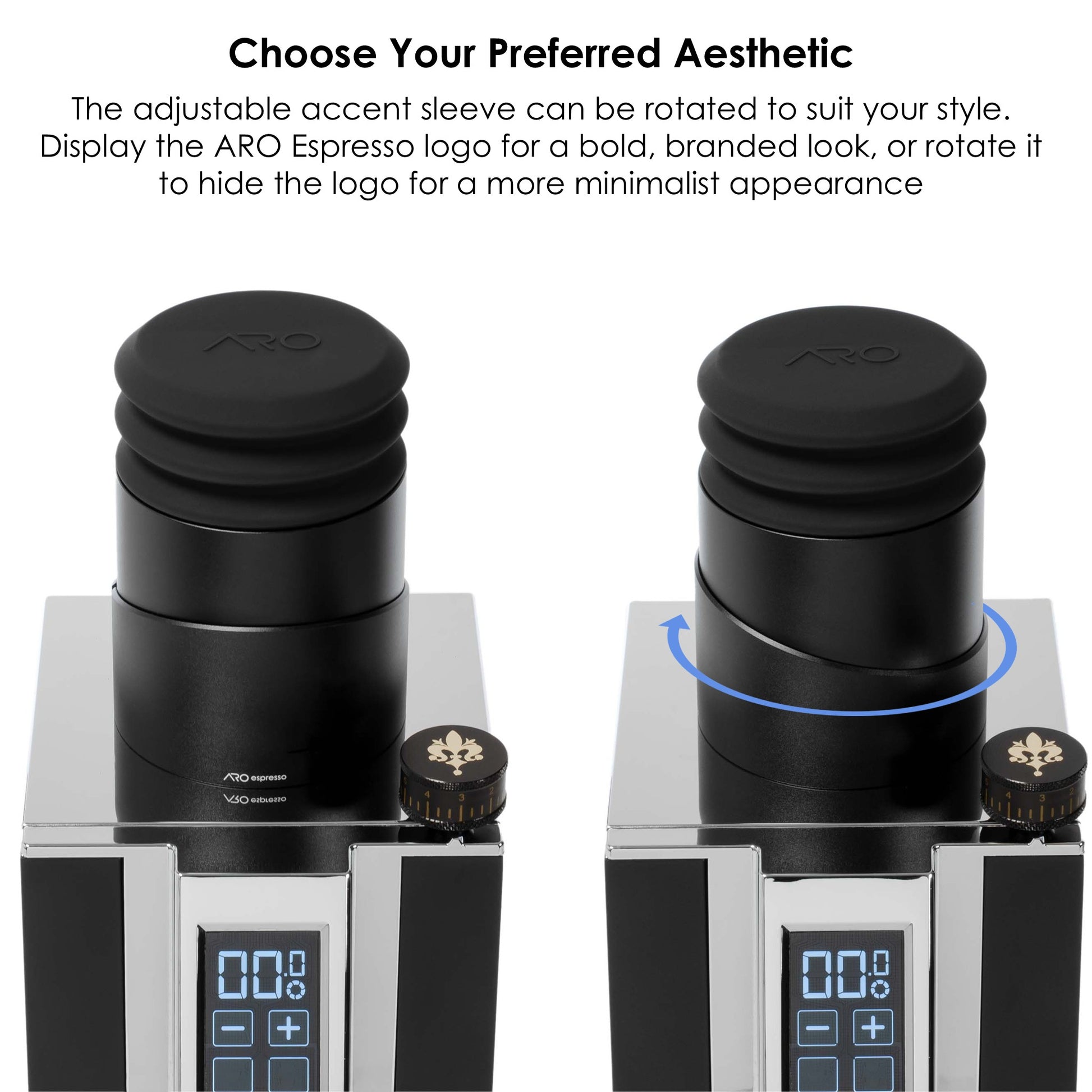 Rotatable accent sleeve on the ARO Espresso Aluminum Single Dose Hopper, demonstrating the option to display the logo or achieve a minimalist look.