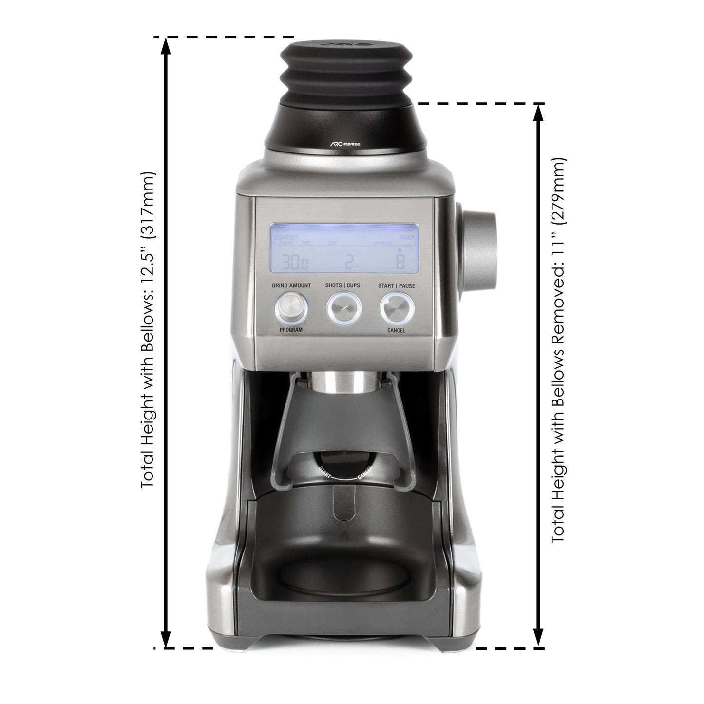 Height dimensions of aluminum ARO Espresso single dose hopper installed on grinder