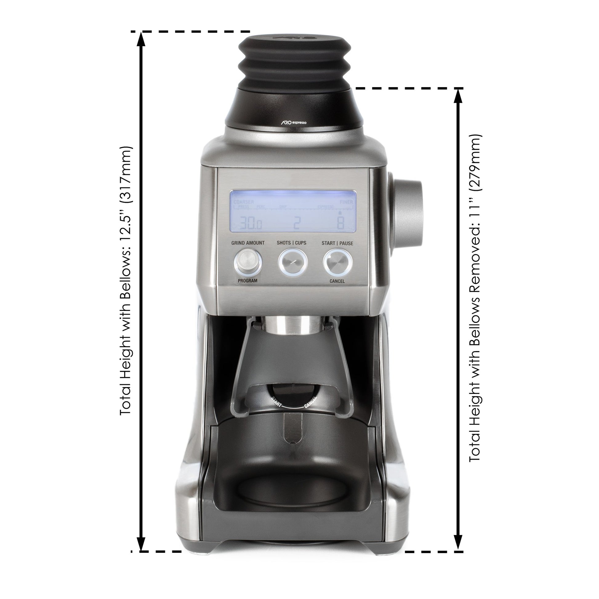 Height dimensions of aluminum ARO Espresso single dose hopper installed on grinder