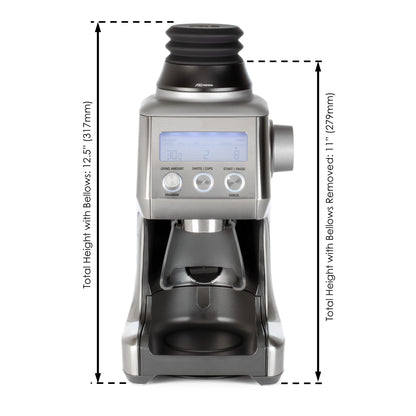 Height dimensions of aluminum ARO Espresso single dose hopper installed on grinder