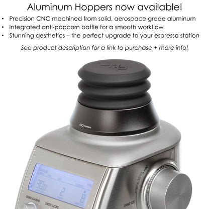 Ad for ARO Espresso single dose hopper made from aluminum.