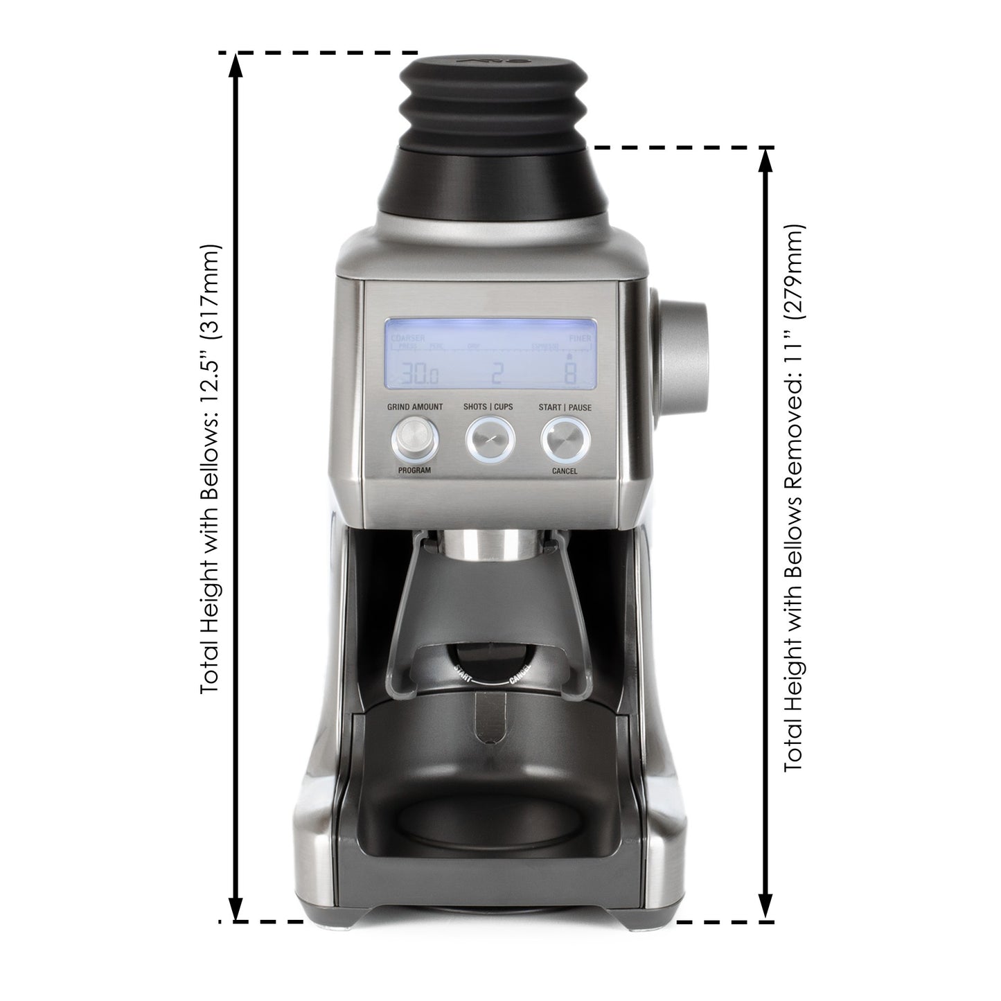 Height dimensions of ARO Espresso single dose hopper installed on grinder