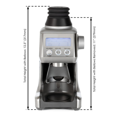 Height dimensions of ARO Espresso single dose hopper installed on grinder