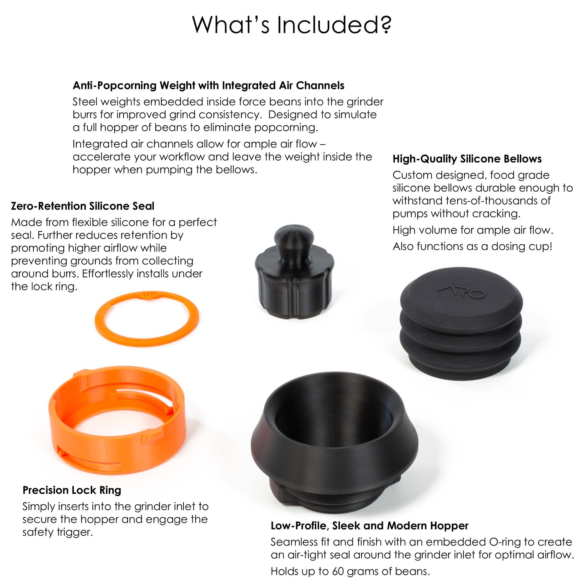 Items included when ordering ARO Espresso single dose hopper including seal, weight, lock ring, hopper, and bellows