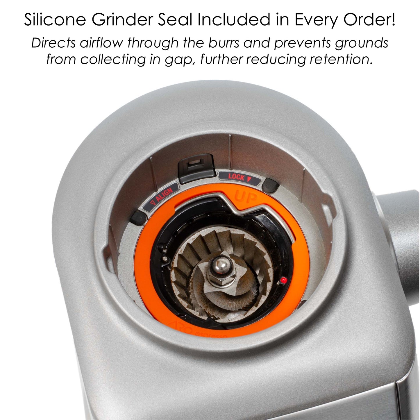 Orange silicone grinder seal for burrs installed in grinder