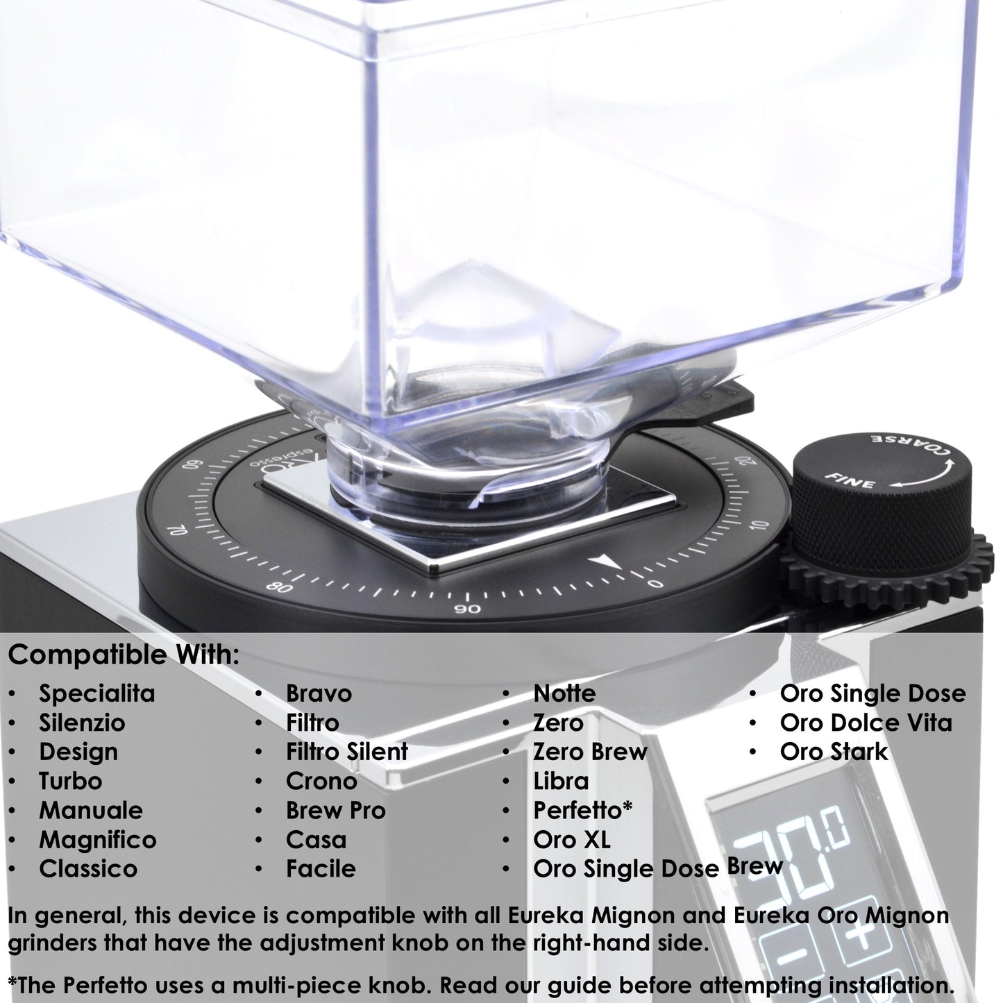 ARO Espresso grinder setting dial installed on Eureka Mignon grinder with compatibility list showing supported Mignon and Oro models