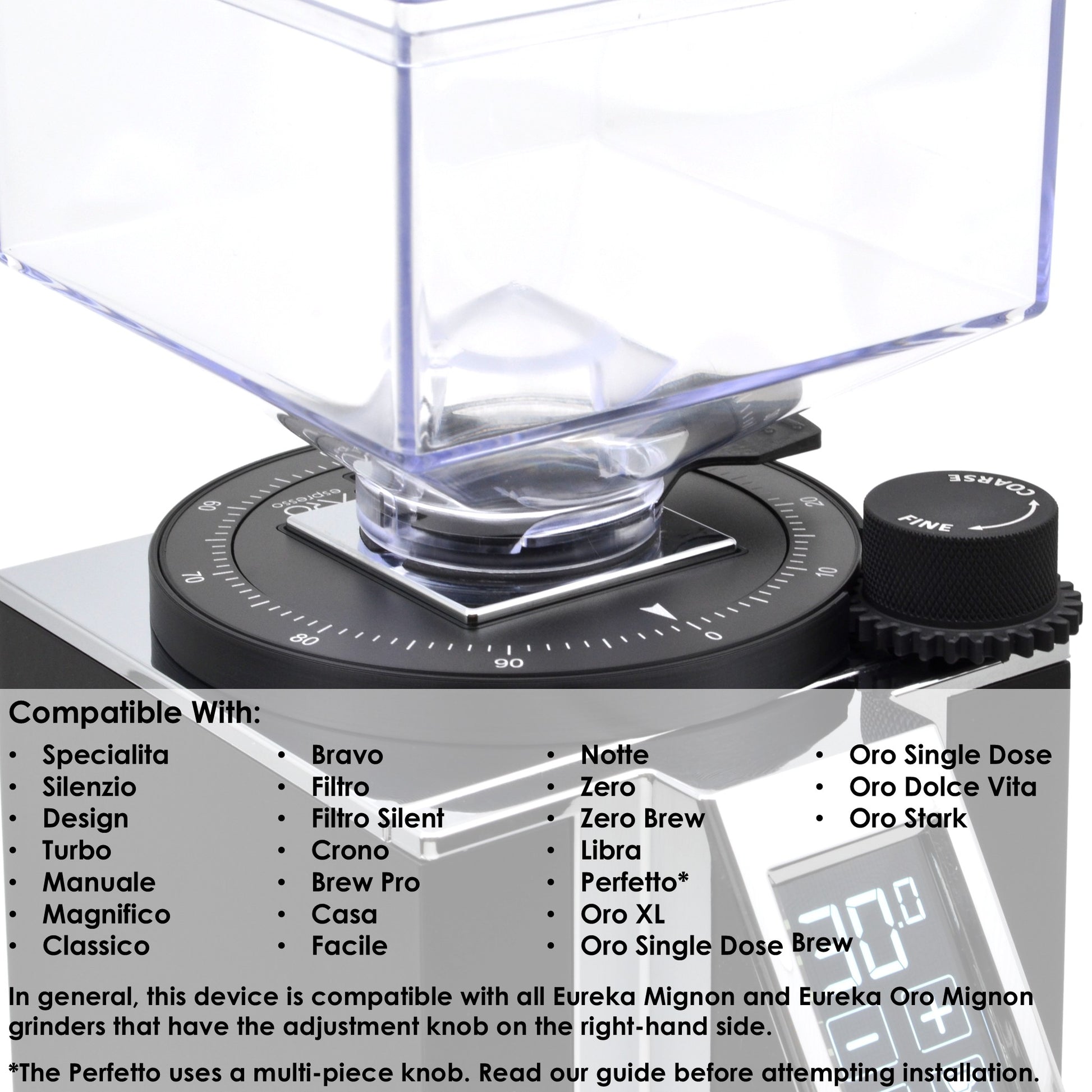 ARO Espresso grinder setting dial installed on Eureka Mignon grinder with compatibility list showing supported Mignon and Oro models