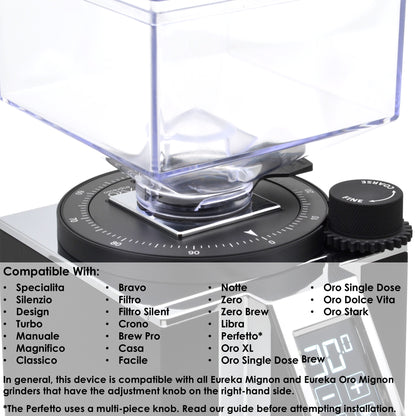ARO Espresso grinder setting dial installed on Eureka Mignon grinder with compatibility list showing supported Mignon and Oro models