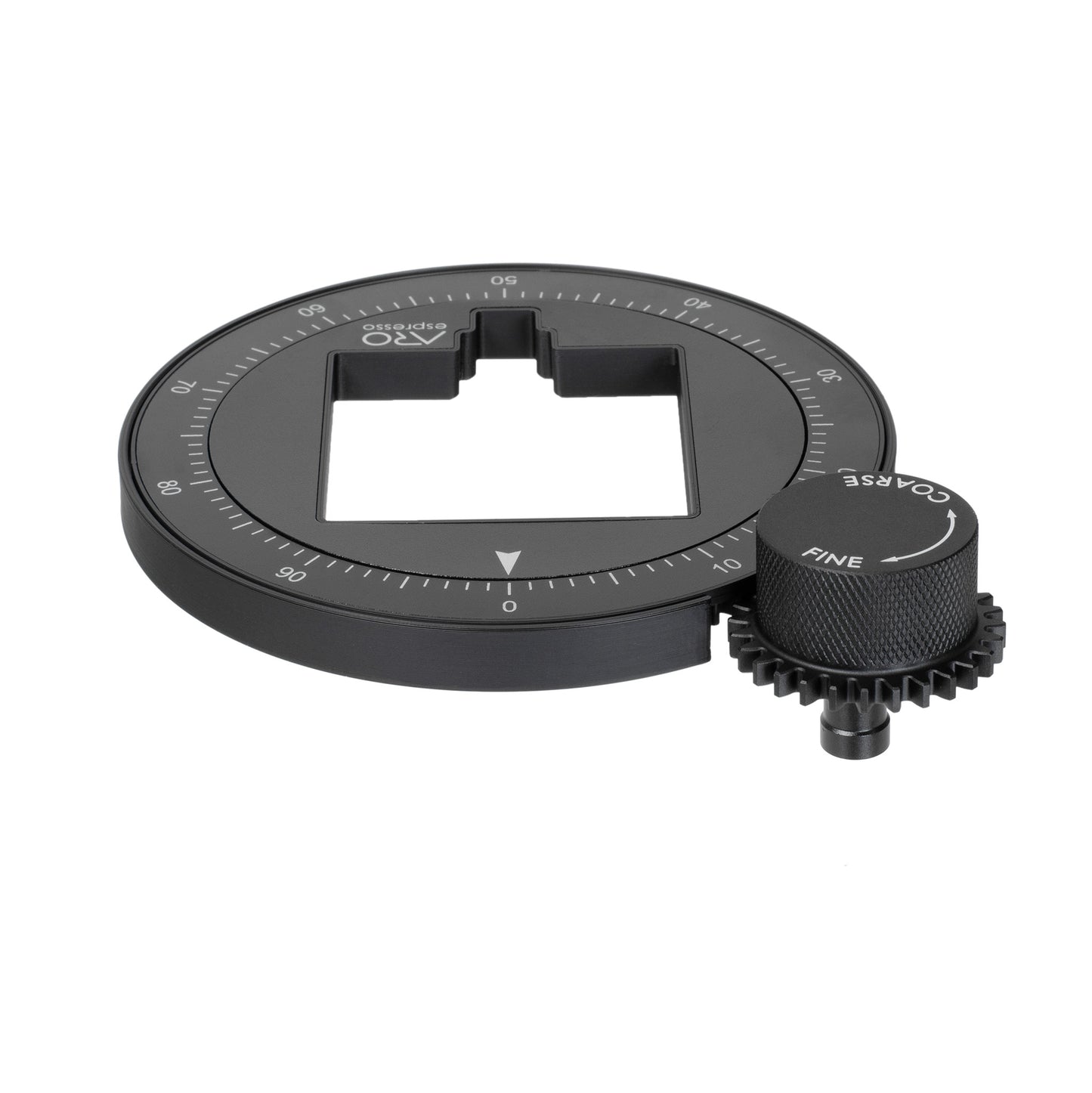 ARO Espresso aluminum grinder setting dial for Eureka Mignon shown assembled with the fine adjustment knob installed in the default position.