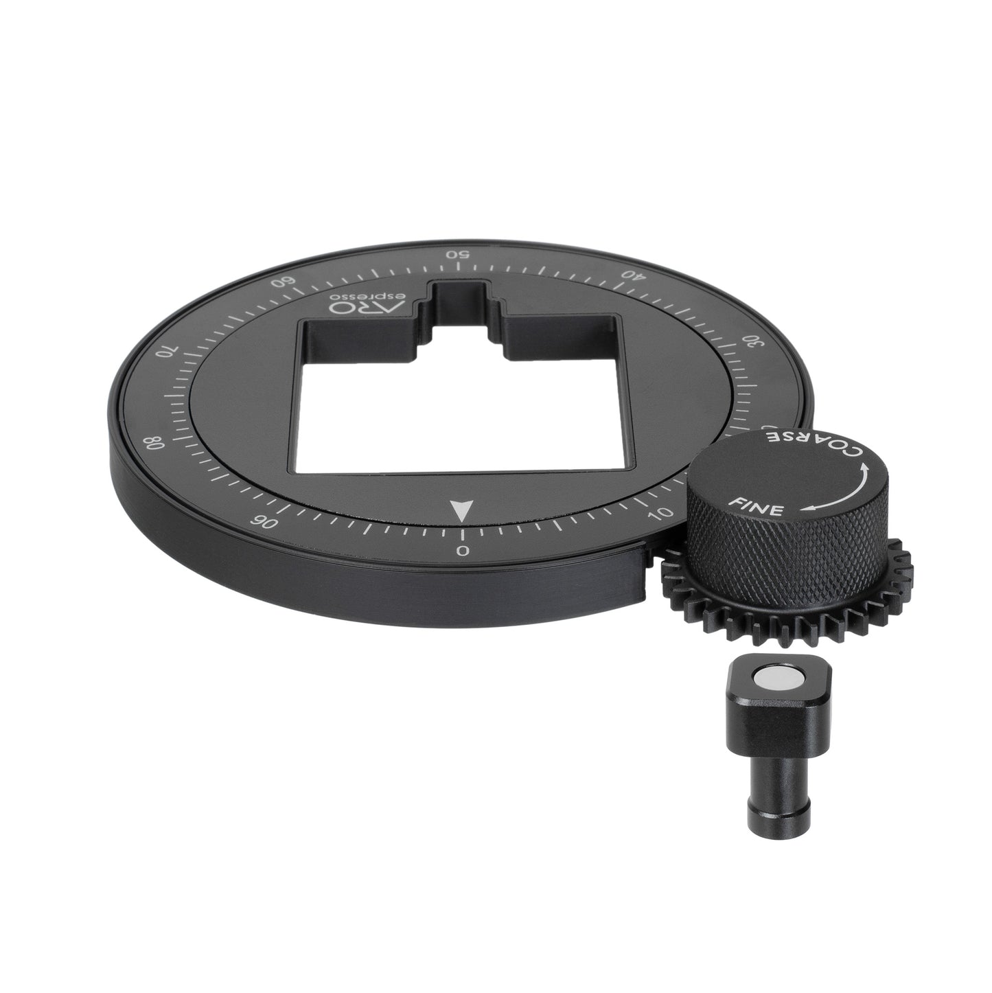 Exploded view of the ARO Espresso magnetic fine adjustment knob and shaft floating in front of a faded Eureka Mignon grinder setting dial for component clarity.