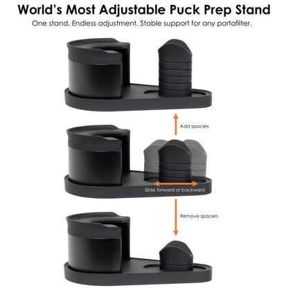Demonstration of the ARO Adjustable Puck Prep Stand showing handle rest adjustability, with magnetic spacers added or removed to change height and the handle saddle sliding forward or backward to fine-tune balance and reach.