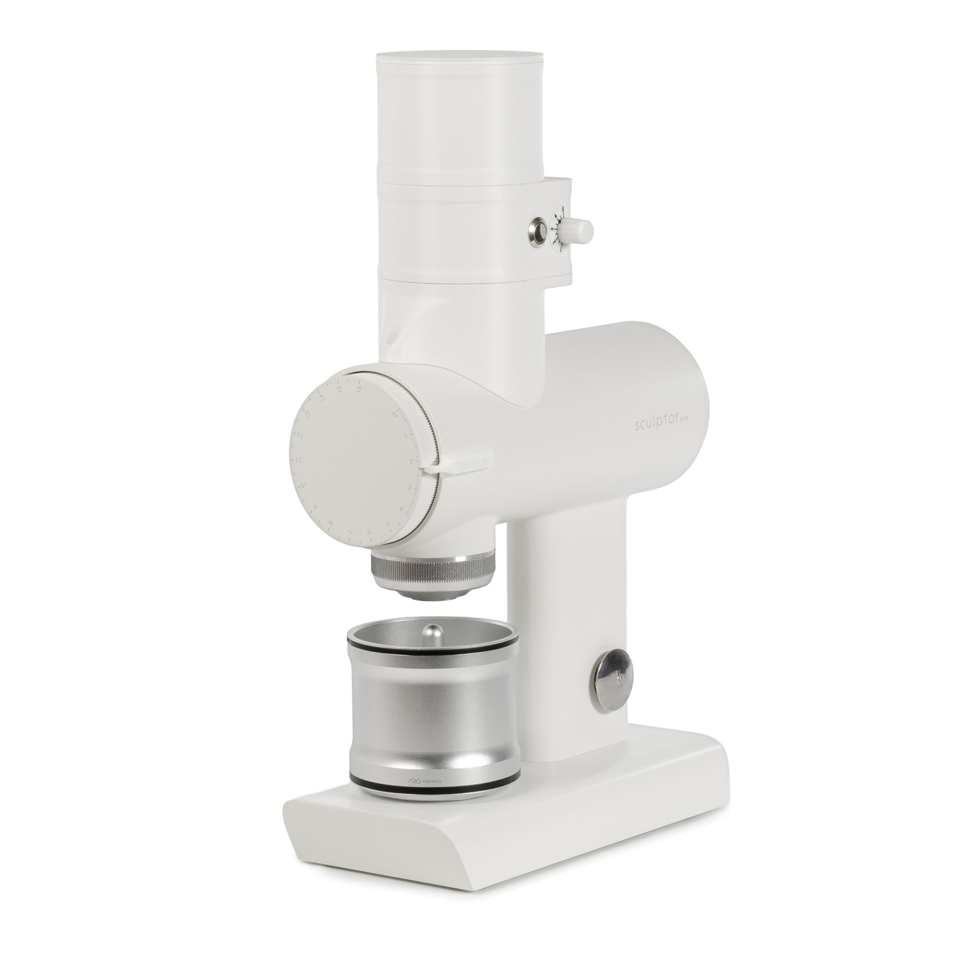 ARO Slow Feeder mounted on a Timemore Sculptor grinder, shown on a white background with the metal catch cup positioned below the chute.